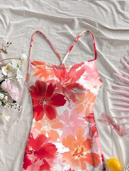 Soleia Casual Floral Print Adjustable Strap Fitted Dress Suitable For Summer Vacation,Dresses Women Bodycon Chic,No Chest Padding