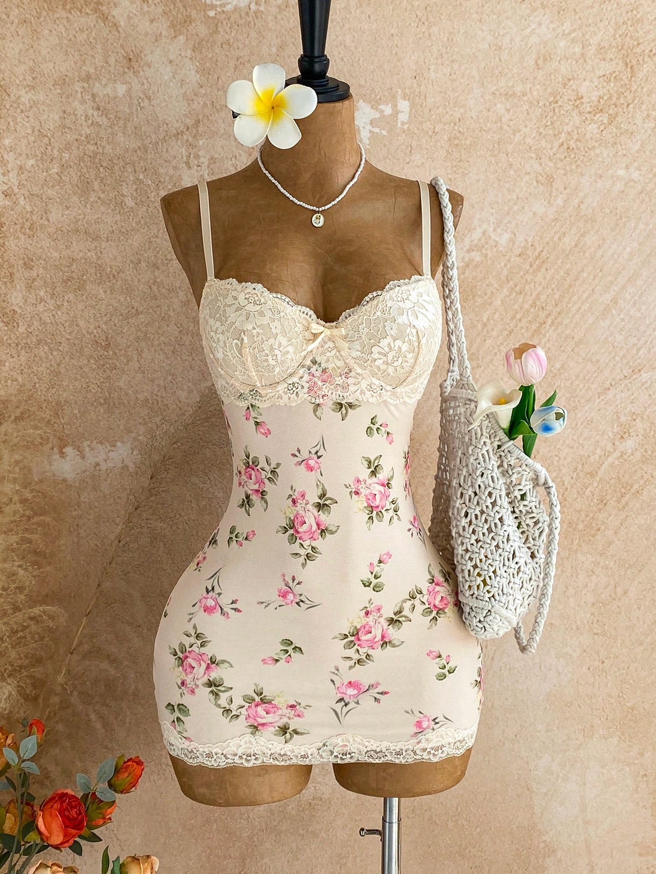 Soleia Lace Cup Detail Tropical Floral Mesh Bodycon Mini Dress For Date, Garden, Bohemian, Boho, Vacation, Fall Women Clothes, No Chest Padding