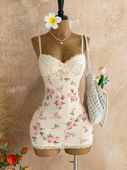 Soleia Lace Cup Detail Tropical Floral Mesh Bodycon Mini Dress For Date, Garden, Bohemian, Boho, Vacation, Fall Women Clothes, No Chest Padding