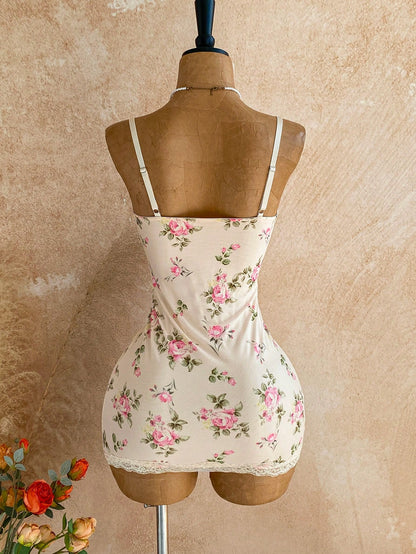 Soleia Lace Cup Detail Tropical Floral Mesh Bodycon Mini Dress For Date, Garden, Bohemian, Boho, Vacation, Fall Women Clothes, No Chest Padding
