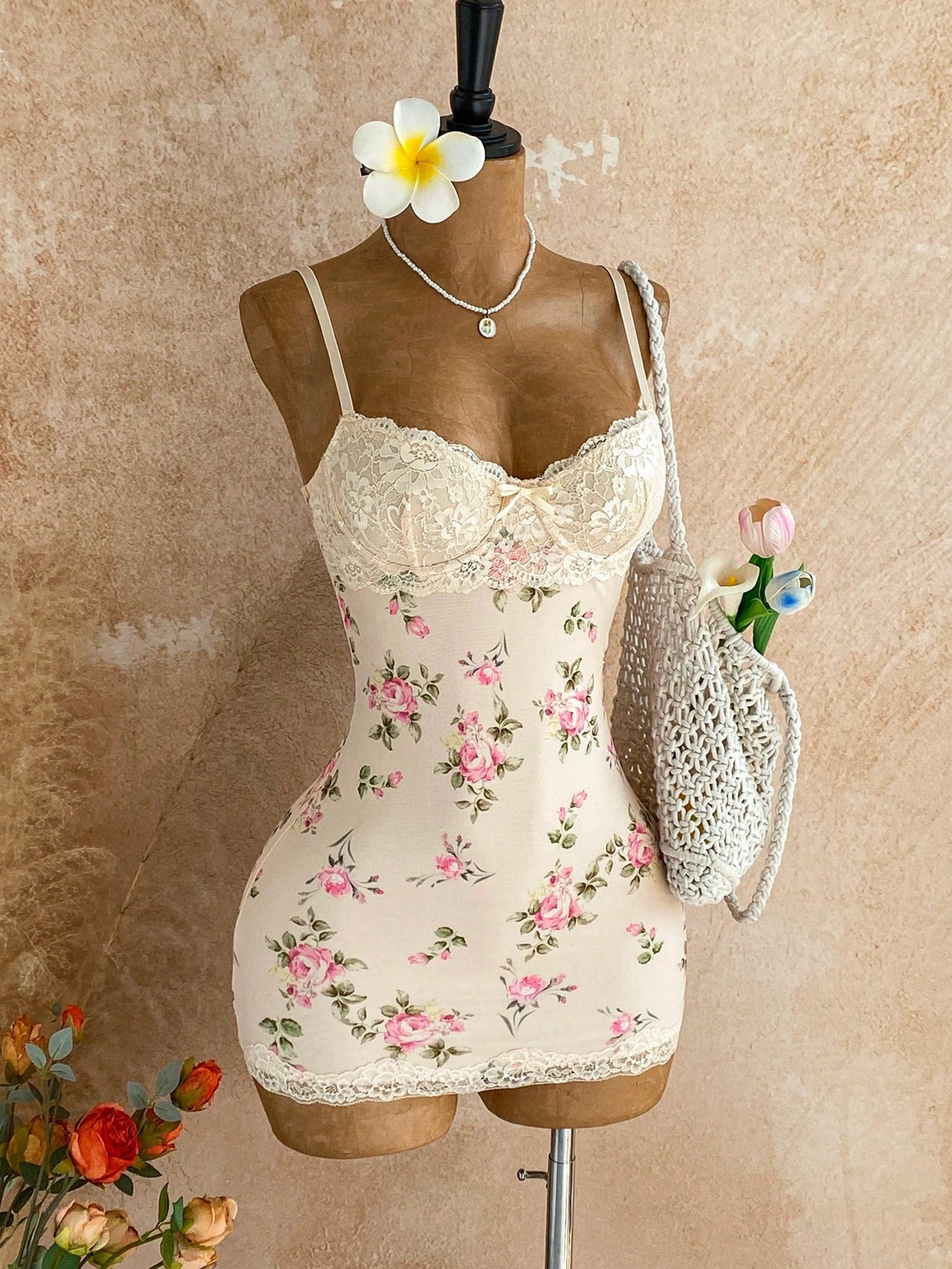 Soleia Lace Cup Detail Tropical Floral Mesh Bodycon Mini Dress For Date, Garden, Bohemian, Boho, Vacation, Fall Women Clothes, No Chest Padding