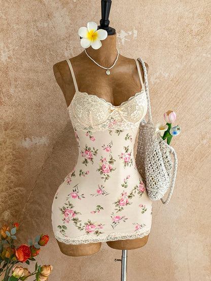 Soleia Lace Cup Detail Tropical Floral Mesh Bodycon Mini Dress For Date, Garden, Bohemian, Boho, Vacation, Fall Women Clothes, No Chest Padding