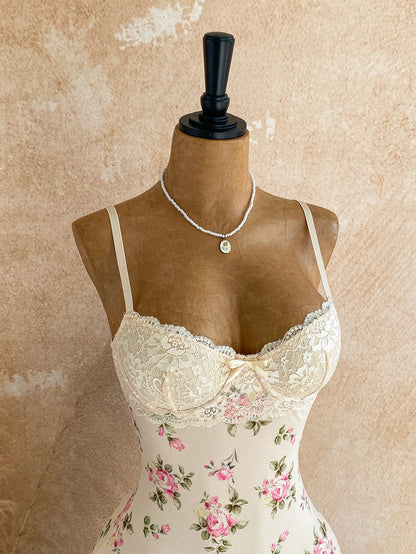 Soleia Lace Cup Detail Tropical Floral Mesh Bodycon Mini Dress For Date, Garden, Bohemian, Boho, Vacation, Fall Women Clothes, No Chest Padding