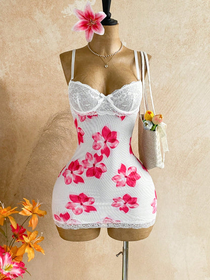 Soleia Lace Cup Detail Tropical Floral Mesh Bodycon Mini Dress For Date, Garden, Bohemian, Boho, Vacation, Fall Women Clothes, No Chest Padding