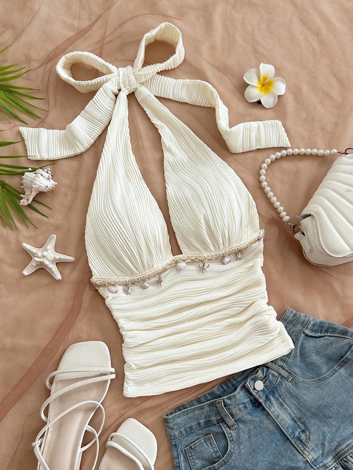Soleia (No Chest Padding)Plus Size Women Solid Textured Knit Halter Neck Shell Tassel Top, Summer Beach,Vacation, Music Festival, Spring White Sexy