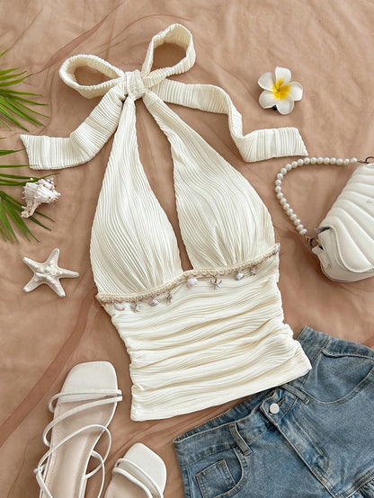 Soleia (No Chest Padding)Plus Size Women Solid Textured Knit Halter Neck Shell Tassel Top, Summer Beach,Vacation, Music Festival, Spring White Sexy