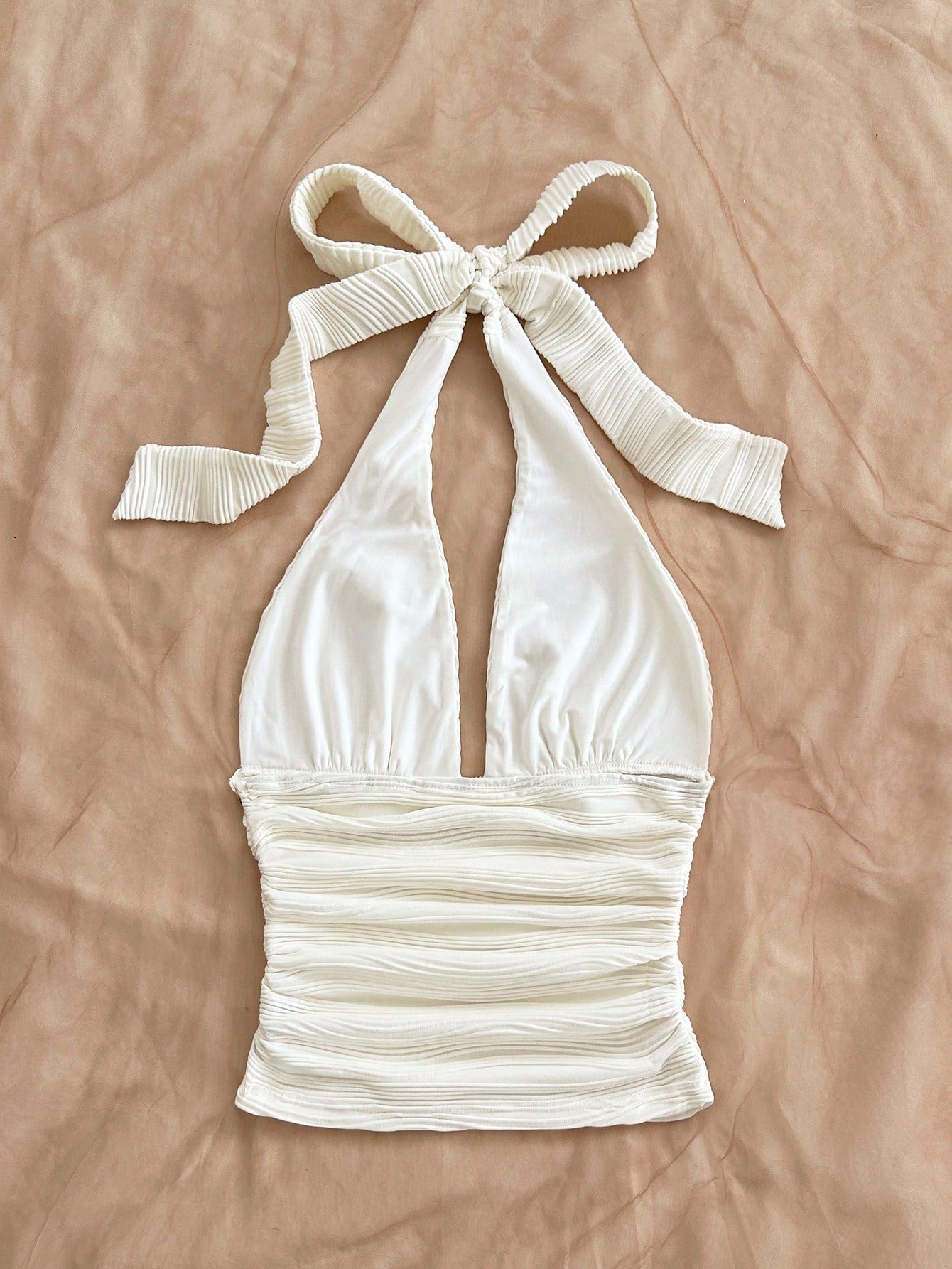 Soleia (No Chest Padding)Plus Size Women Solid Textured Knit Halter Neck Shell Tassel Top, Summer Beach,Vacation, Music Festival, Spring White Sexy