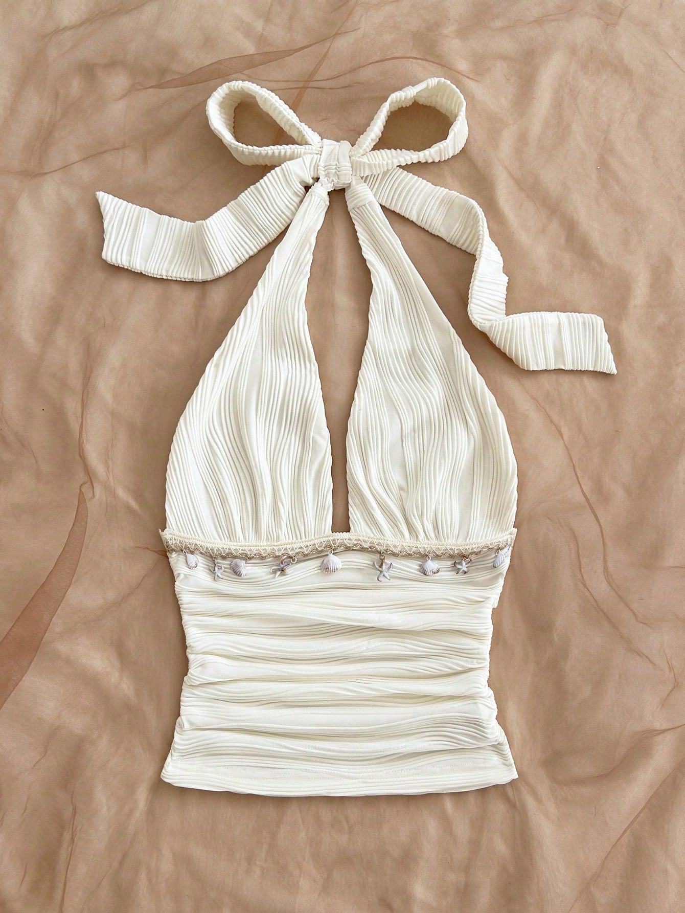 Soleia (No Chest Padding)Plus Size Women Solid Textured Knit Halter Neck Shell Tassel Top, Summer Beach,Vacation, Music Festival, Spring White Sexy