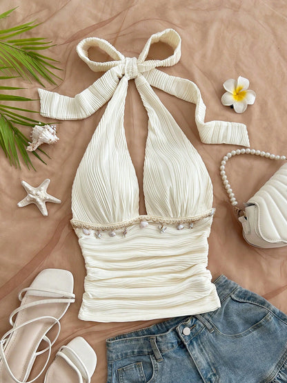 Soleia (No Chest Padding)Plus Size Women Solid Textured Knit Halter Neck Shell Tassel Top, Summer Beach,Vacation, Music Festival, Spring White Sexy