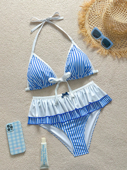 Soleia Plus Size Women Striped Print Patchwork Tie-Up Double-Layer Ruffle Bow Decor Bikini Two Pieces Set Bathing Suits Beach Summer