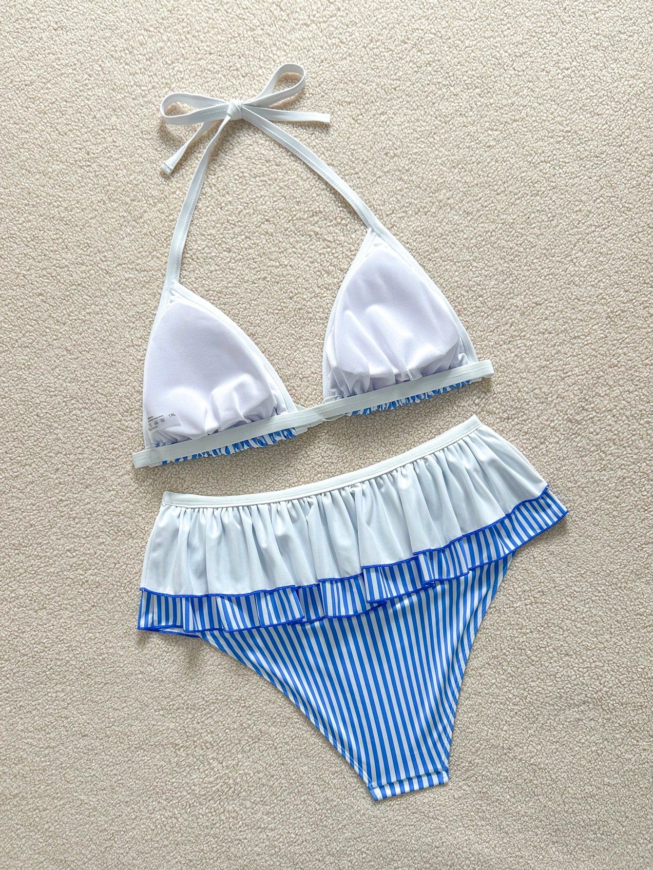 Soleia Plus Size Women Striped Print Patchwork Tie-Up Double-Layer Ruffle Bow Decor Bikini Two Pieces Set Bathing Suits Beach Summer