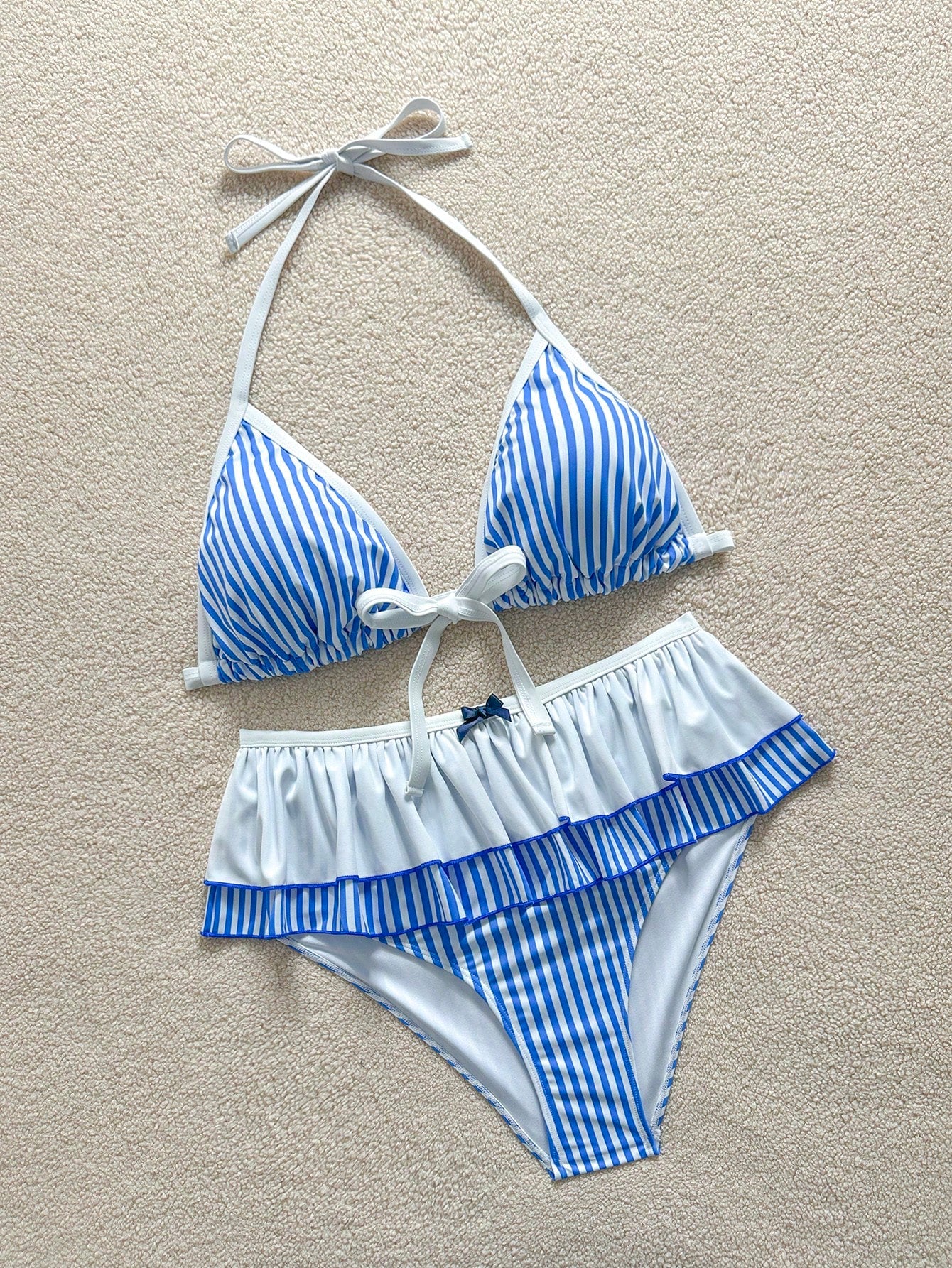 Soleia Plus Size Women Striped Print Patchwork Tie-Up Double-Layer Ruffle Bow Decor Bikini Two Pieces Set Bathing Suits Beach Summer