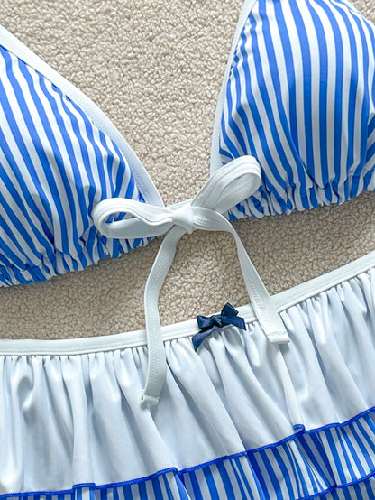 Soleia Plus Size Women Striped Print Patchwork Tie-Up Double-Layer Ruffle Bow Decor Bikini Two Pieces Set Bathing Suits Beach Summer