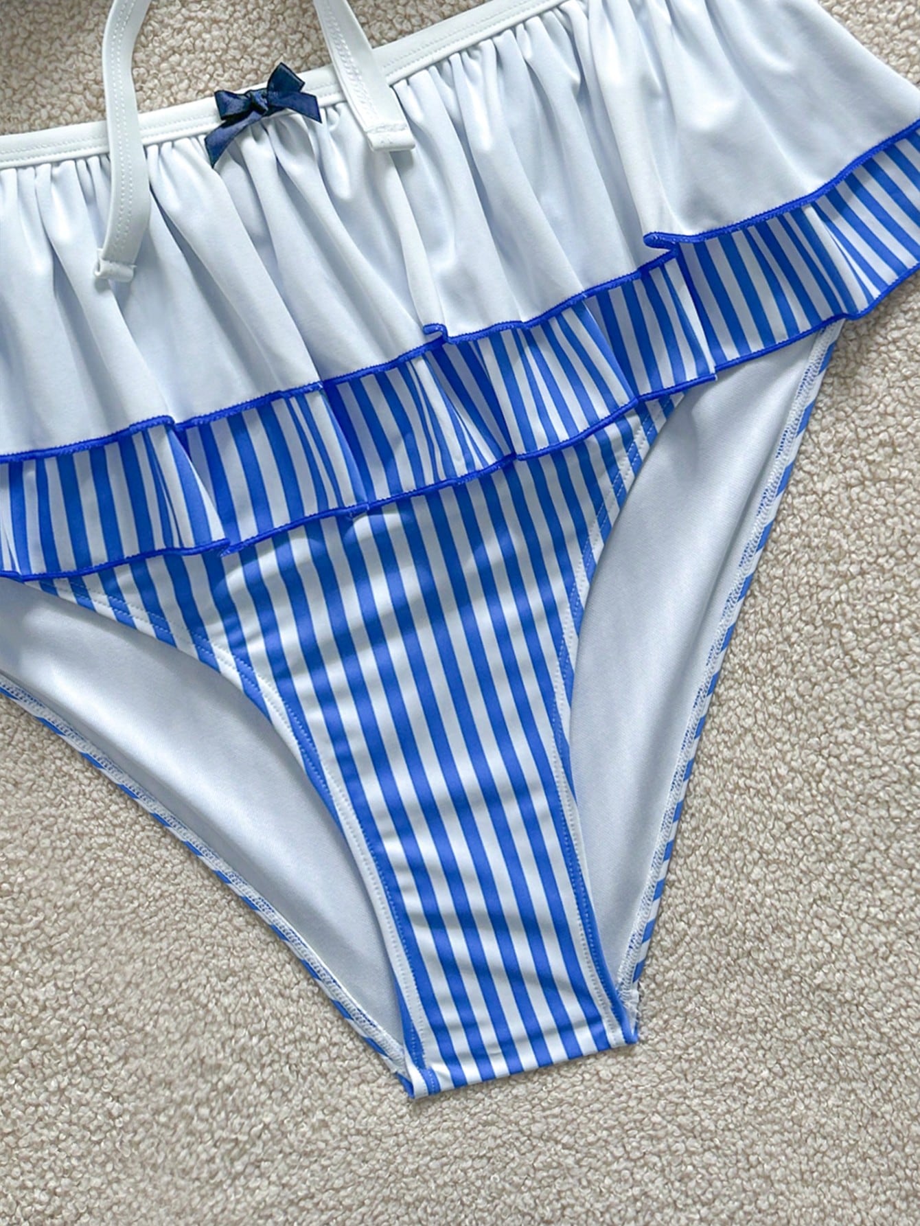 Soleia Plus Size Women Striped Print Patchwork Tie-Up Double-Layer Ruffle Bow Decor Bikini Two Pieces Set Bathing Suits Beach Summer