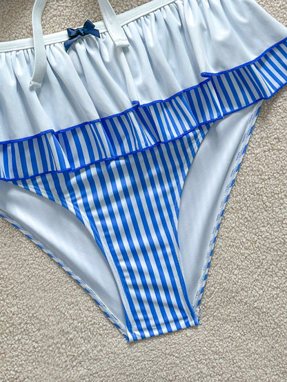 Soleia Plus Size Women Striped Print Patchwork Tie-Up Double-Layer Ruffle Bow Decor Bikini Two Pieces Set Bathing Suits Beach Summer