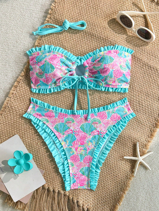 Soleia Women's Beach Vacation Shell Print Swimwear Set