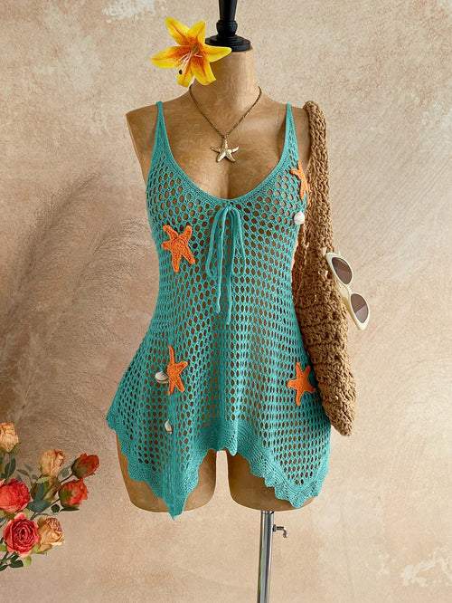 Soleia Women's Colorblock Starfish Pattern Hollow Out Vacation Style Cover Up Summer Beach