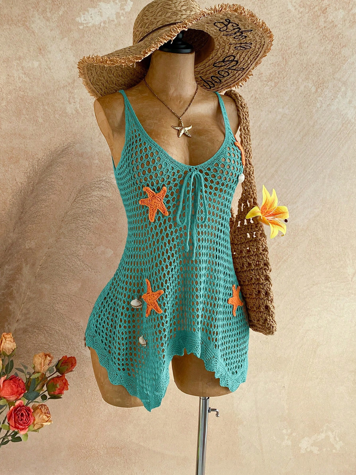 Soleia Women's Colorblock Starfish Pattern Hollow Out Vacation Style Cover Up Summer Beach
