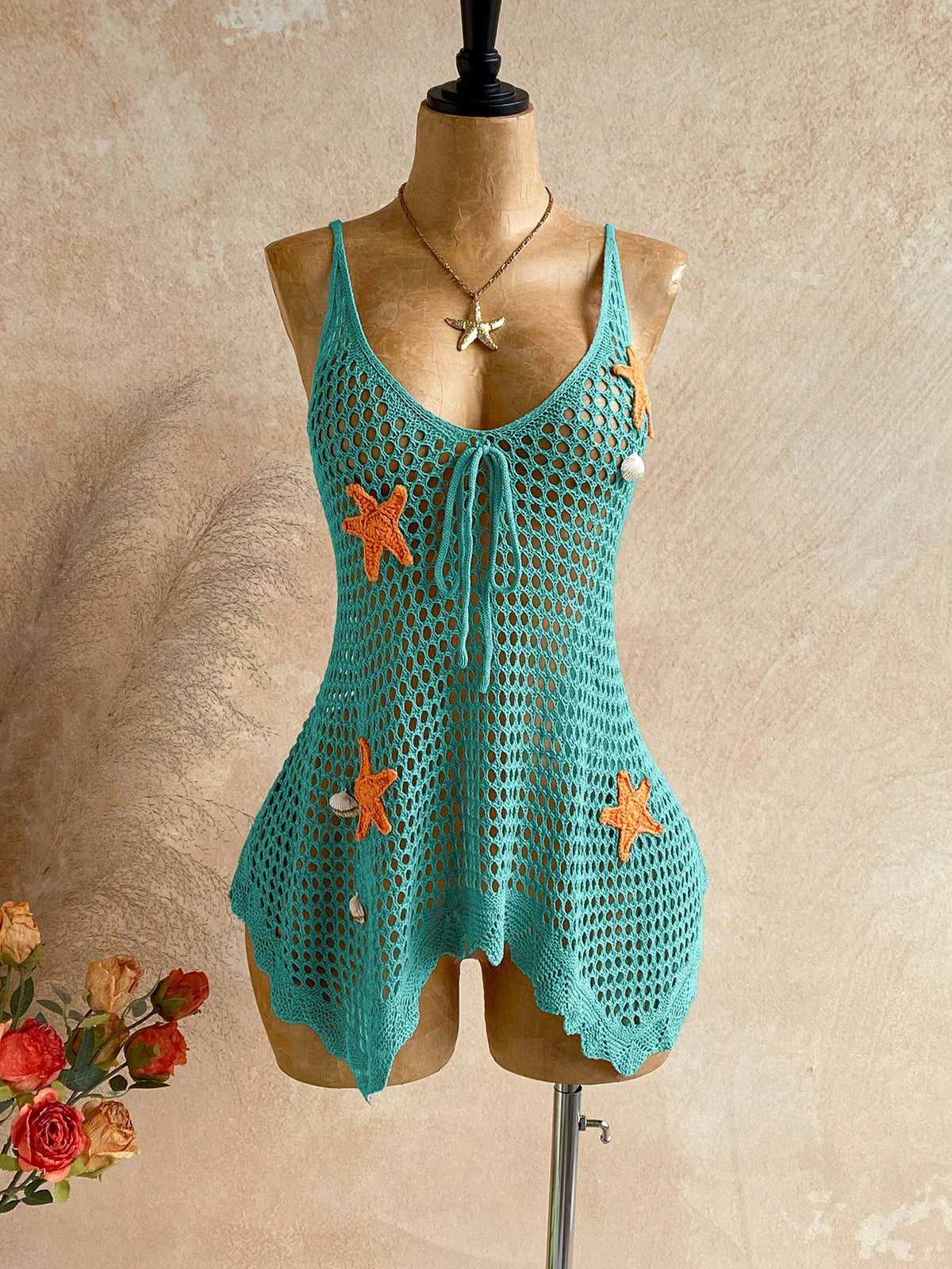 Soleia Women's Colorblock Starfish Pattern Hollow Out Vacation Style Cover Up Summer Beach