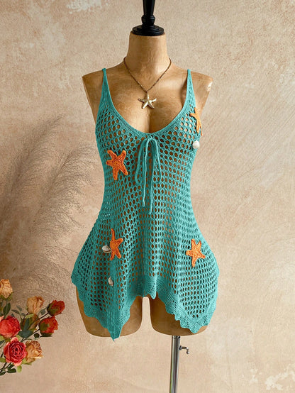 Soleia Women's Colorblock Starfish Pattern Hollow Out Vacation Style Cover Up Summer Beach