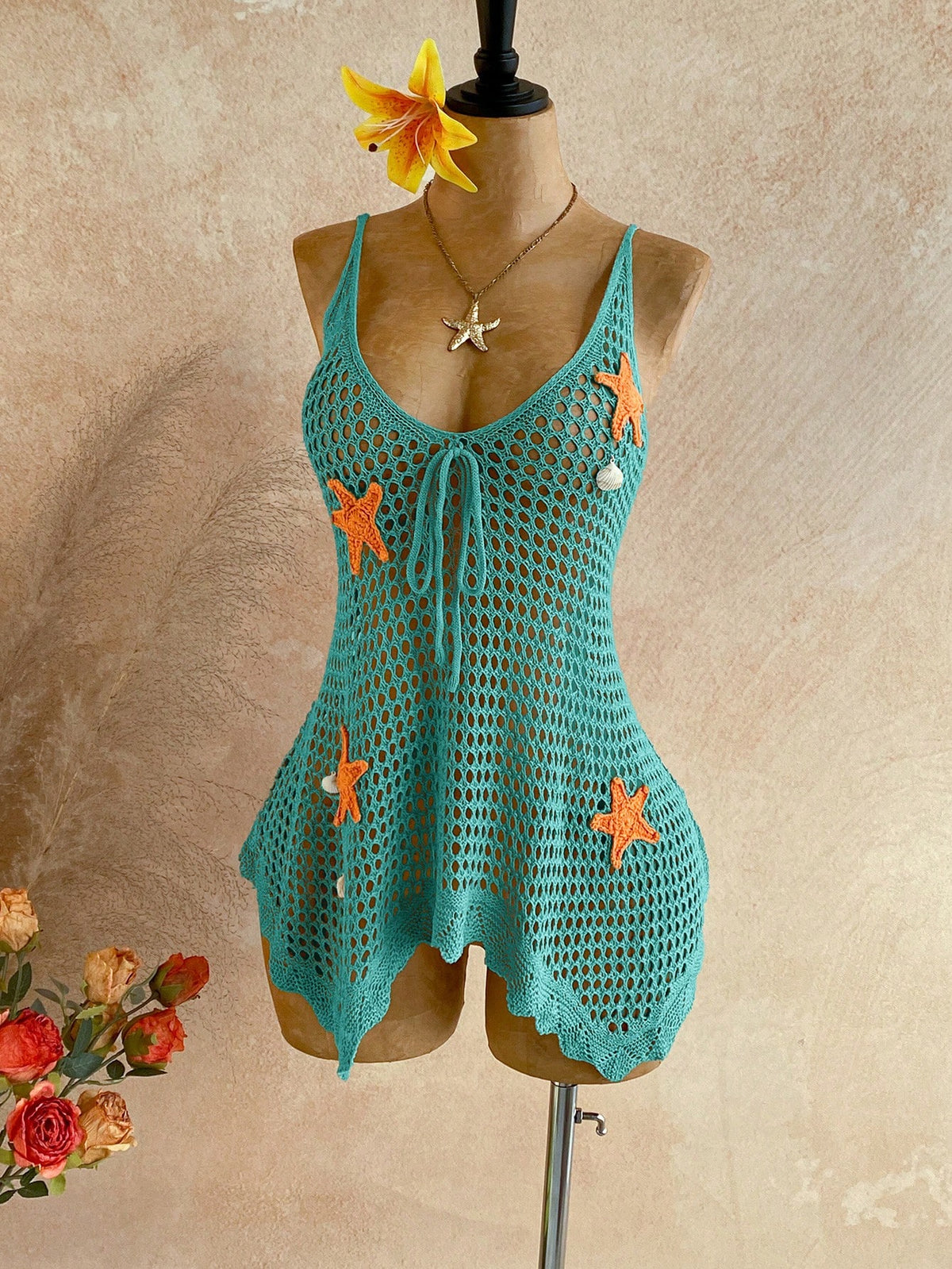 Soleia Women's Colorblock Starfish Pattern Hollow Out Vacation Style Cover Up Summer Beach