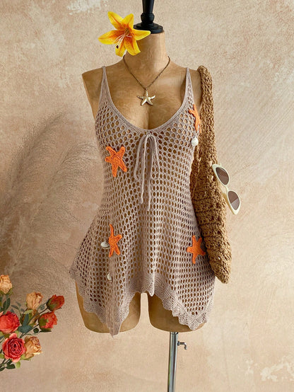 Soleia Women's Colorblock Starfish Pattern Hollow Out Vacation Style Cover Up Summer Beach