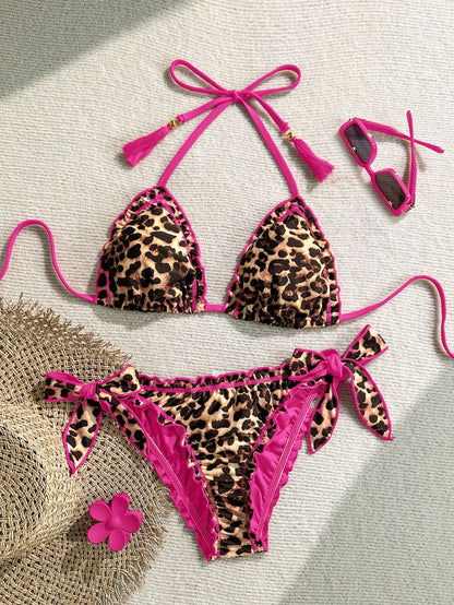 Soleia Women's Retro Colorful Leopard, Zebra, Floral Print Frill Halter Neck Tie Tassel Decor Beach Bikini Set