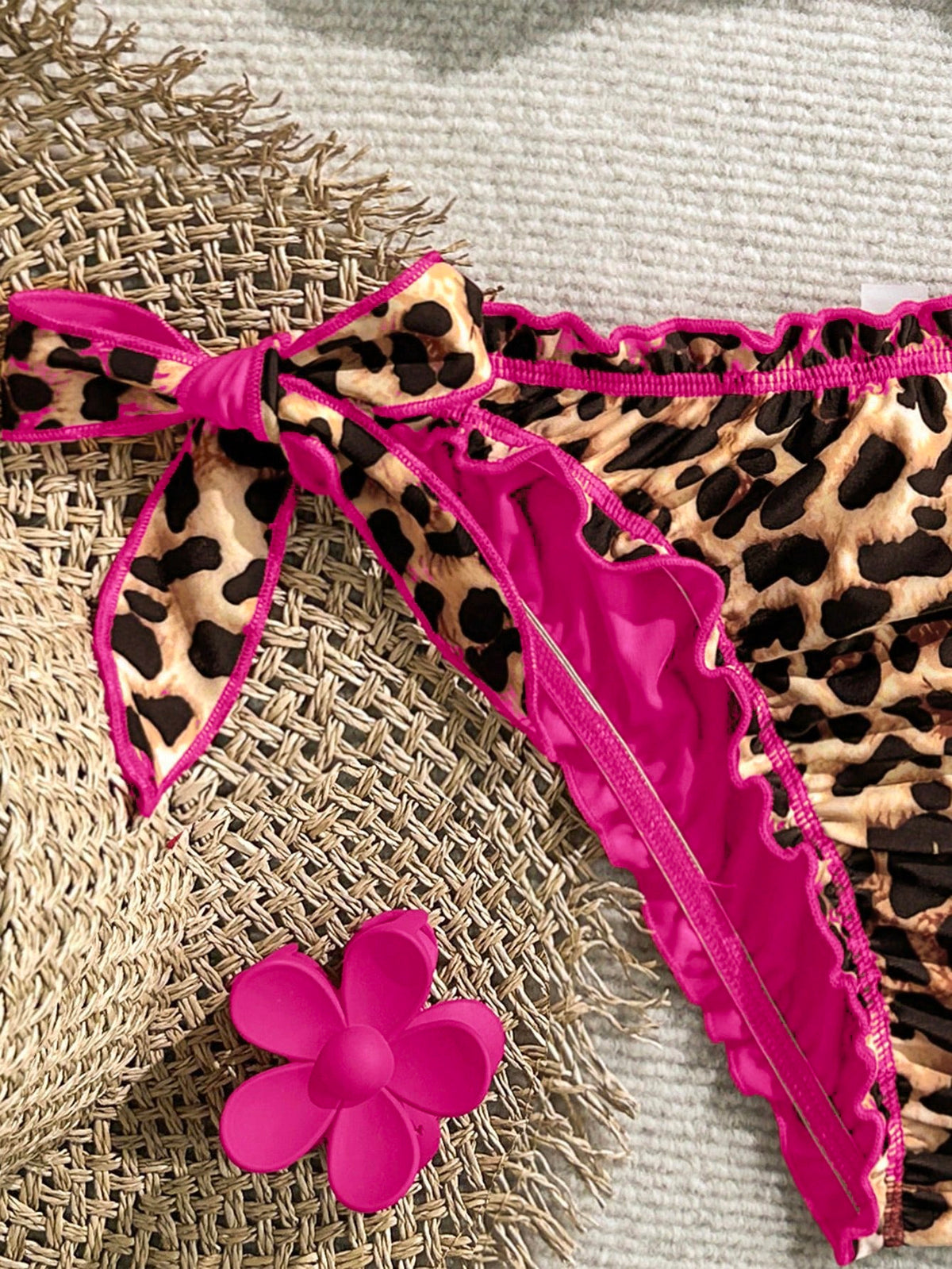 Soleia Women's Retro Colorful Leopard, Zebra, Floral Print Frill Halter Neck Tie Tassel Decor Beach Bikini Set