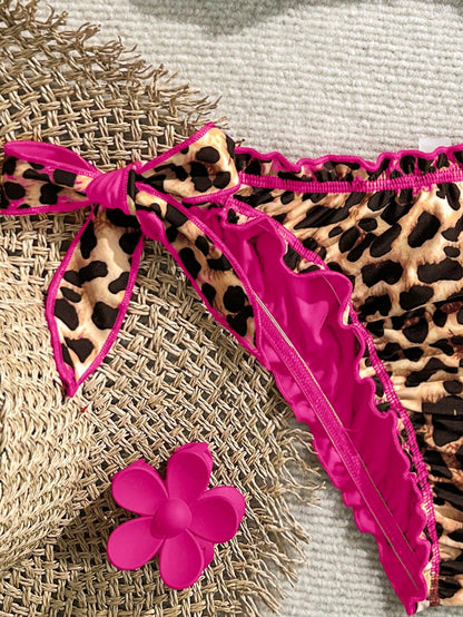 Soleia Women's Retro Colorful Leopard, Zebra, Floral Print Frill Halter Neck Tie Tassel Decor Beach Bikini Set