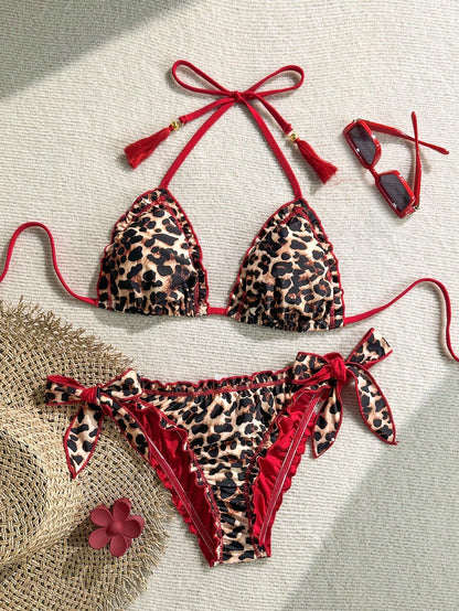 Soleia Women's Retro Colorful Leopard, Zebra, Floral Print Frill Halter Neck Tie Tassel Decor Beach Bikini Set