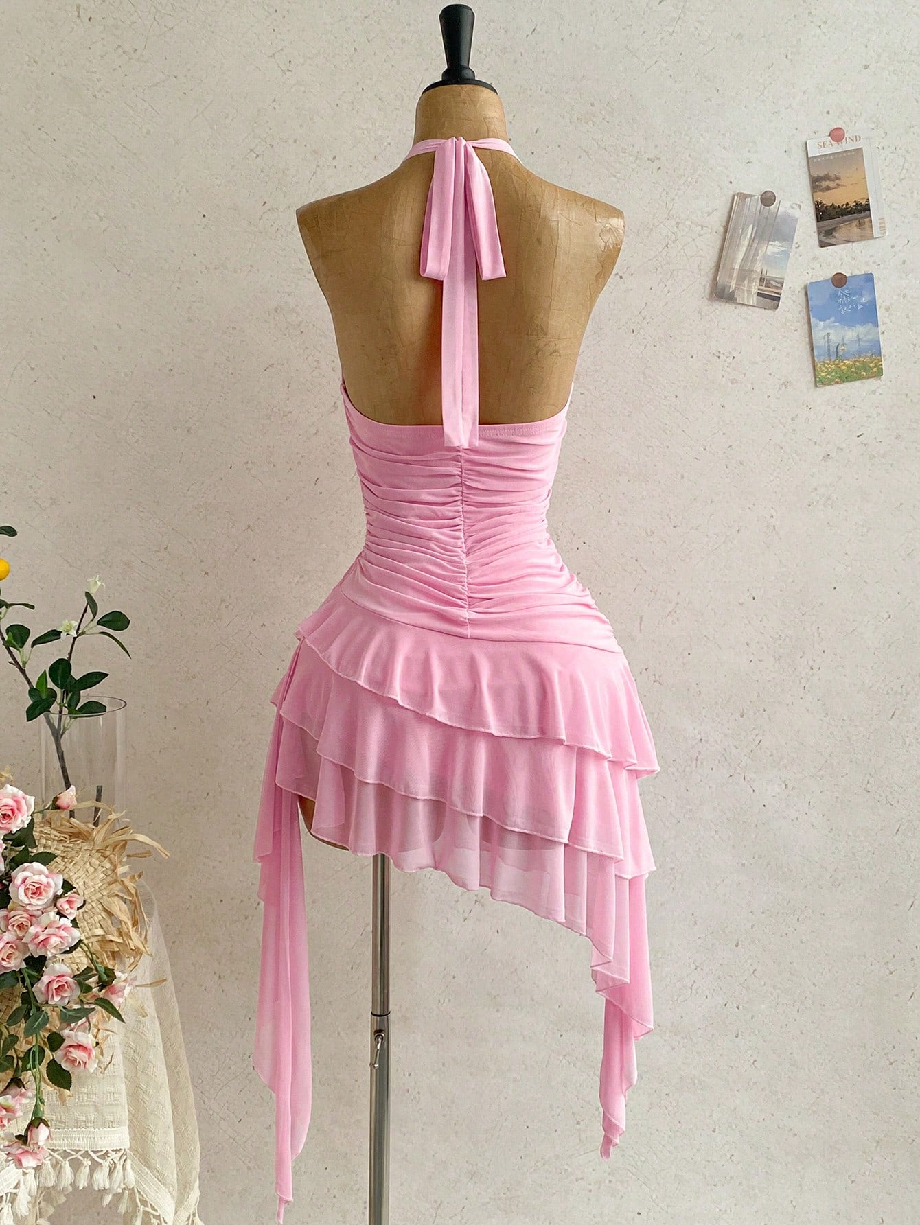 Soleia Women's Sexy Romantic Pink Vacation Halter Tie-Up Patchwork Cup Metal Flower Decor Deep Draped Neck Multi-Layer Ruffle Asymmetrical Hem Mini Dress, Beach Cruise Vacation, Road Trip City Vacatio