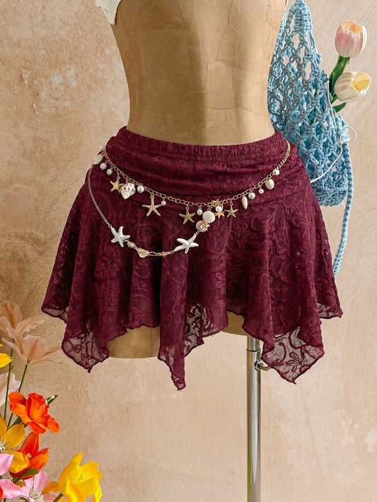 Soleia Women's Summer Solid Color Lace Asymmetric Hem Skirt