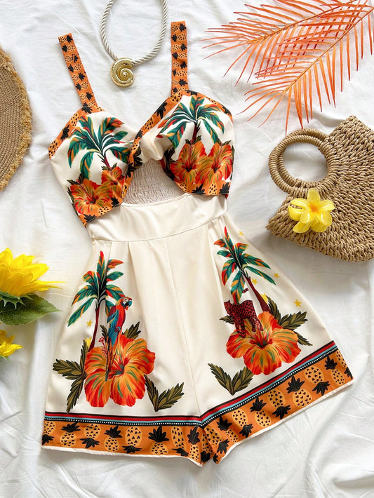 Soleia Women's Vacation Palm Tree Print Cutout Waist Jumpsuit No Chest Padding