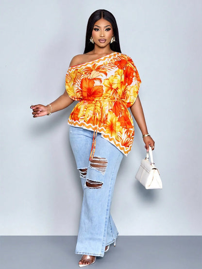SOLERSUN Plus-Size Women's Fashionable Loose-Fitting Casual Tropical One-Shoulder Blouse Black And White Color-Blocking Asymmetrical Neckline Summer Beach
