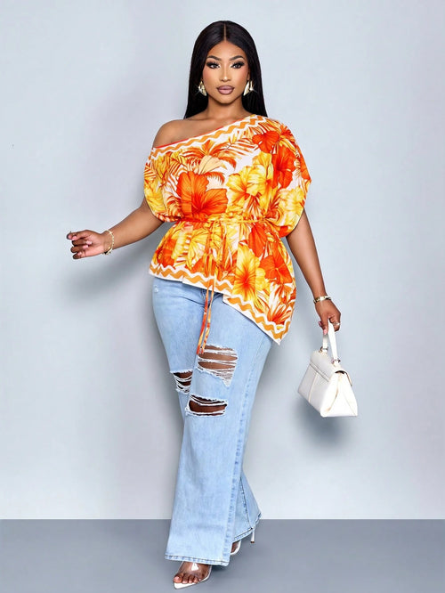 SOLERSUN Plus-Size Women's Fashionable Loose-Fitting Casual Tropical One-Shoulder Blouse Black And White Color-Blocking Asymmetrical Neckline Summer Beach