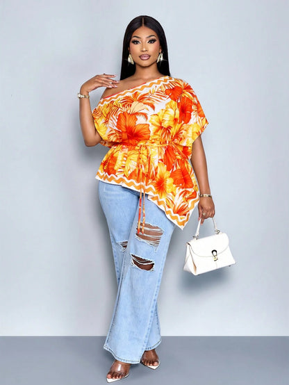 SOLERSUN Plus-Size Women's Fashionable Loose-Fitting Casual Tropical One-Shoulder Blouse Black And White Color-Blocking Asymmetrical Neckline Summer Beach