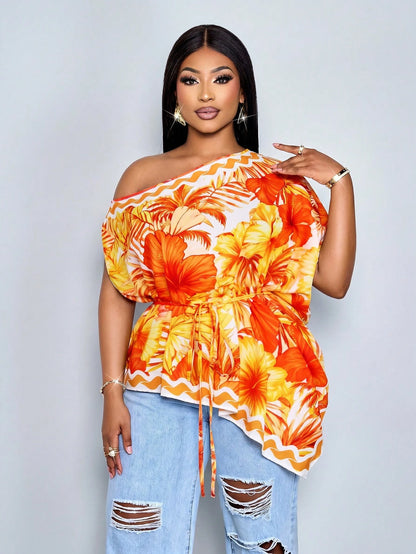 SOLERSUN Plus-Size Women's Fashionable Loose-Fitting Casual Tropical One-Shoulder Blouse Black And White Color-Blocking Asymmetrical Neckline Summer Beach