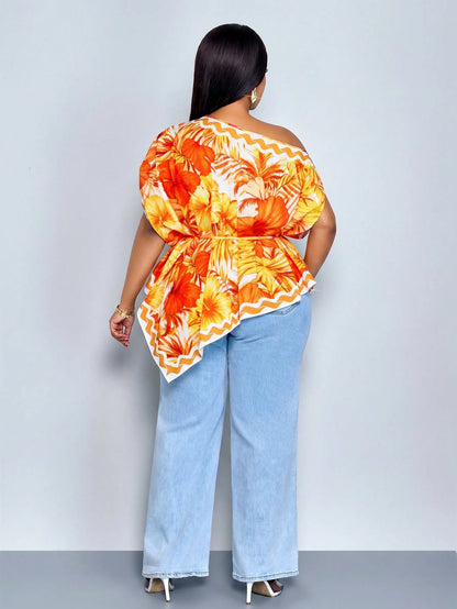 SOLERSUN Plus-Size Women's Fashionable Loose-Fitting Casual Tropical One-Shoulder Blouse Black And White Color-Blocking Asymmetrical Neckline Summer Beach
