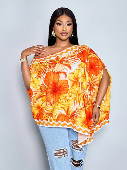 SOLERSUN Plus-Size Women's Fashionable Loose-Fitting Casual Tropical One-Shoulder Blouse Black And White Color-Blocking Asymmetrical Neckline Summer Beach