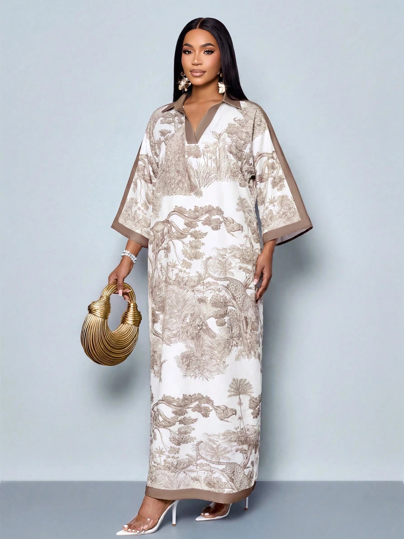 SOLERSUN Women's Fashionable Daily Elegant Holiday V-Neck Loose Batwing Sleeve Print Maxi Dress Without Bel