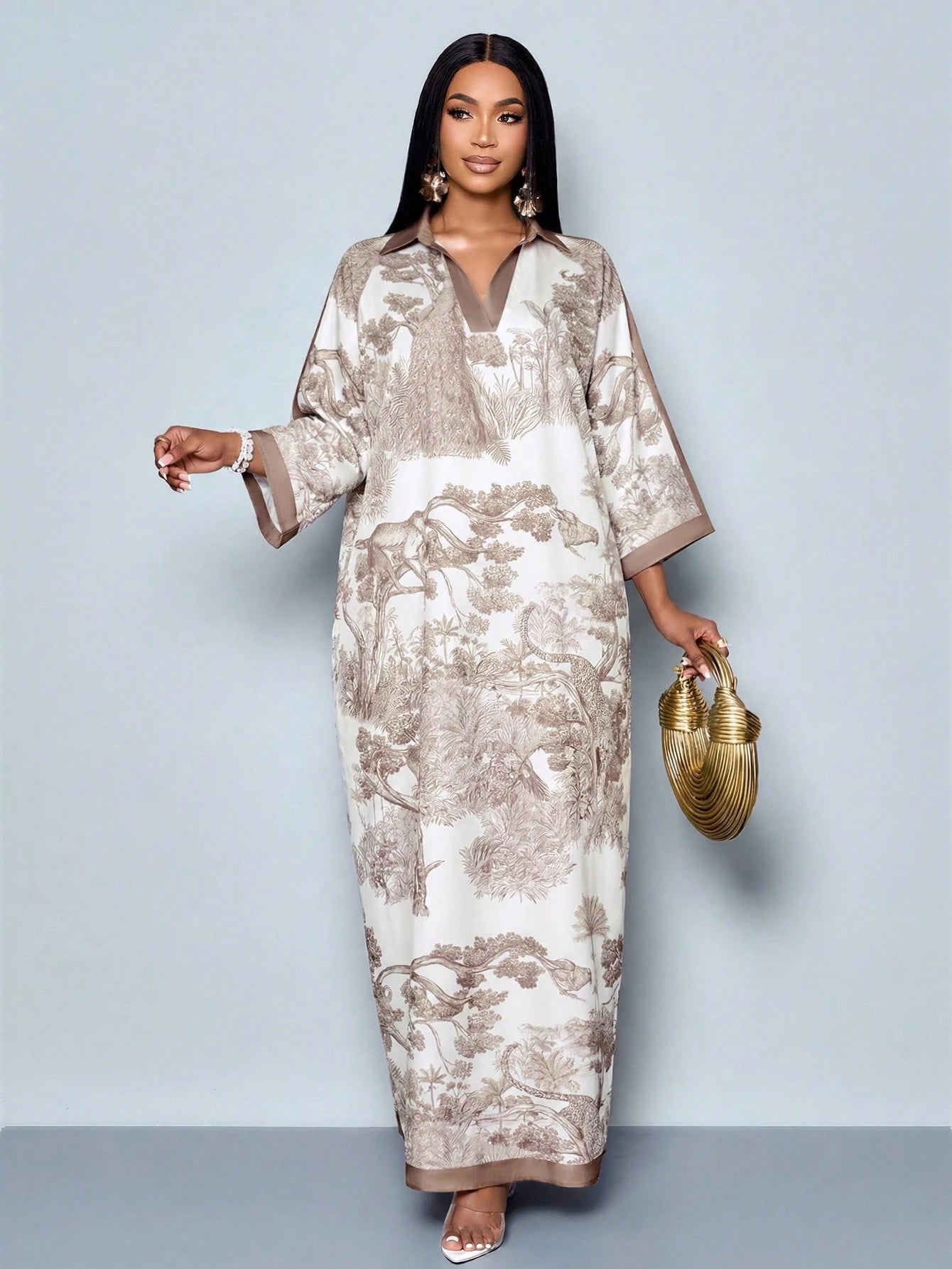 SOLERSUN Women's Fashionable Daily Elegant Holiday V-Neck Loose Batwing Sleeve Print Maxi Dress Without Bel