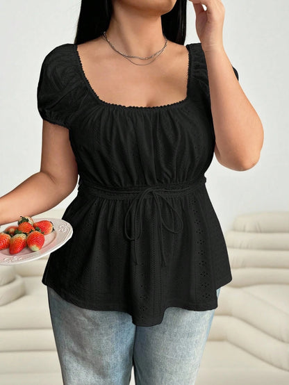 Solflare Women Plus Size Hollow Out Sheer Tie Up Waist Black T-Shirt, Summer