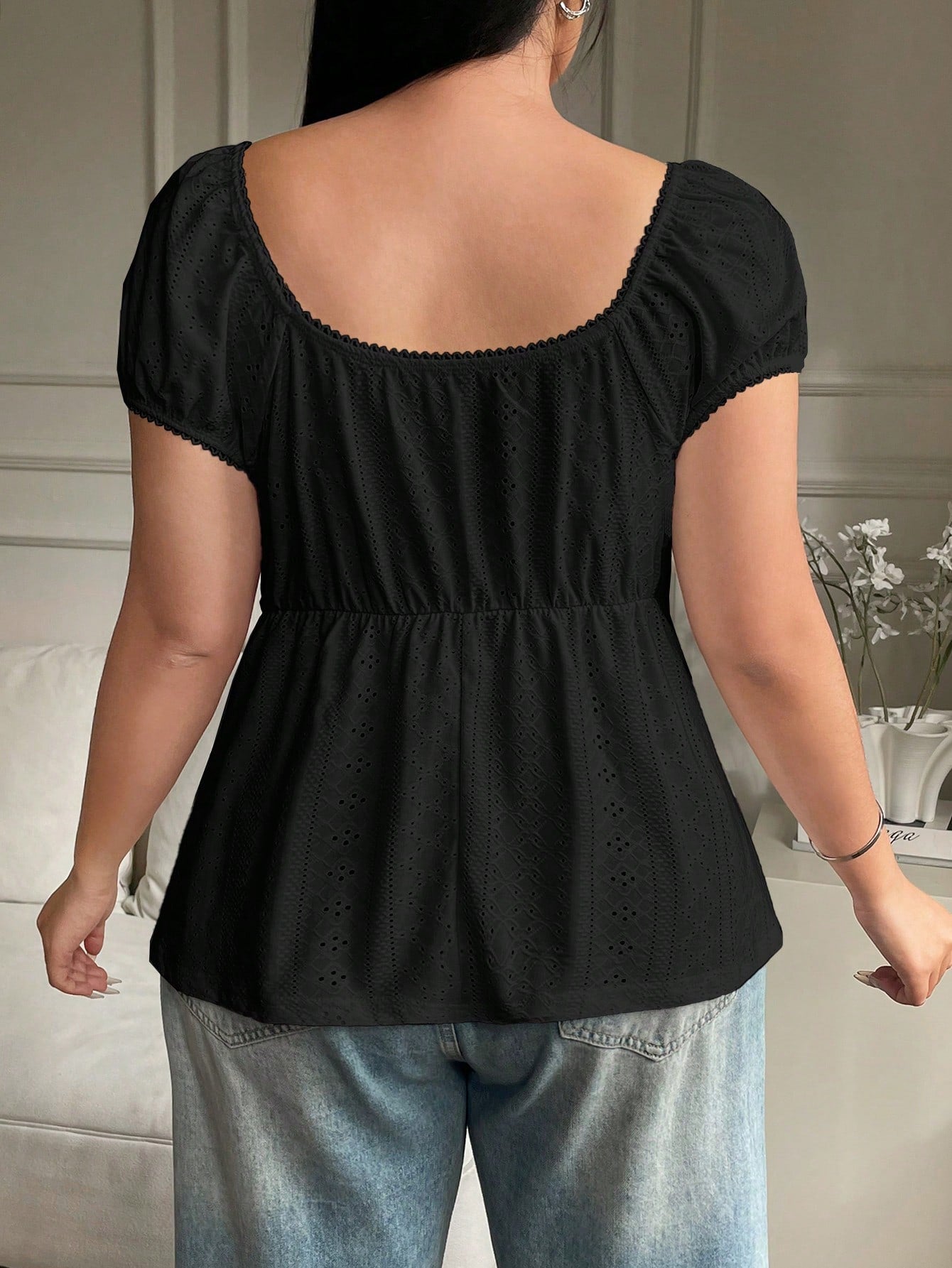 Solflare Women Plus Size Hollow Out Sheer Tie Up Waist Black T-Shirt, Summer