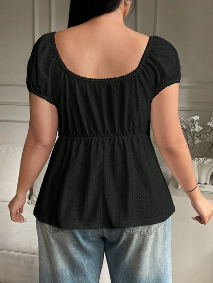 Solflare Women Plus Size Hollow Out Sheer Tie Up Waist Black T-Shirt, Summer