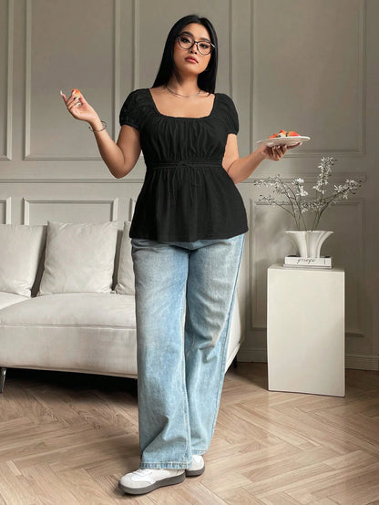 Solflare Women Plus Size Hollow Out Sheer Tie Up Waist Black T-Shirt, Summer