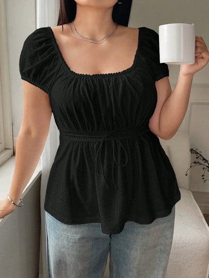 Solflare Women Plus Size Hollow Out Sheer Tie Up Waist Black T-Shirt, Summer