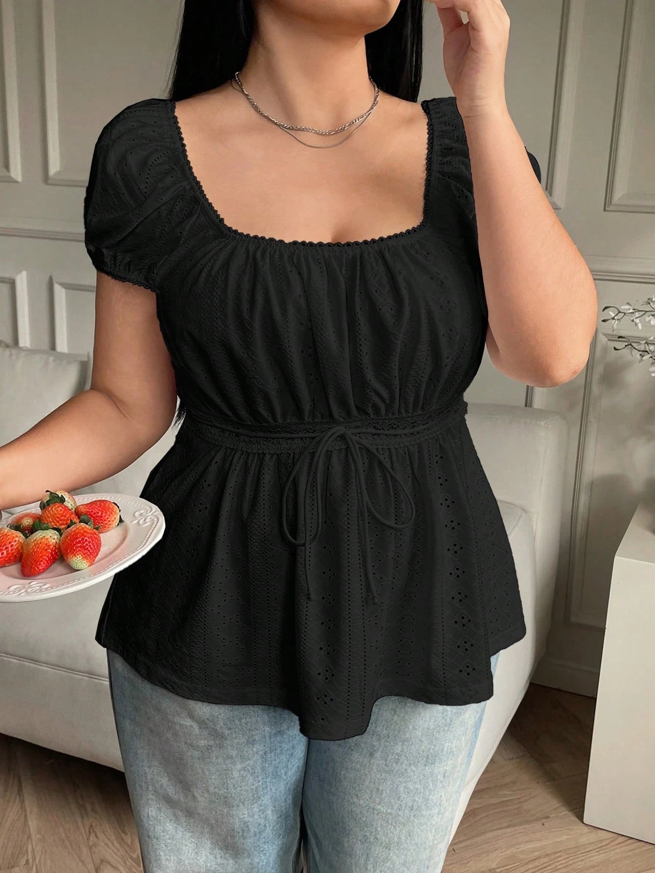 Solflare Women Plus Size Hollow Out Sheer Tie Up Waist Black T-Shirt, Summer