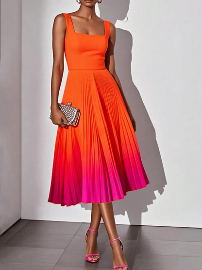 Solid Color Casual Elegant Sleeveless Zipper Ombre Pleated Dress, Evening Gown Summer, Quiet Luxury