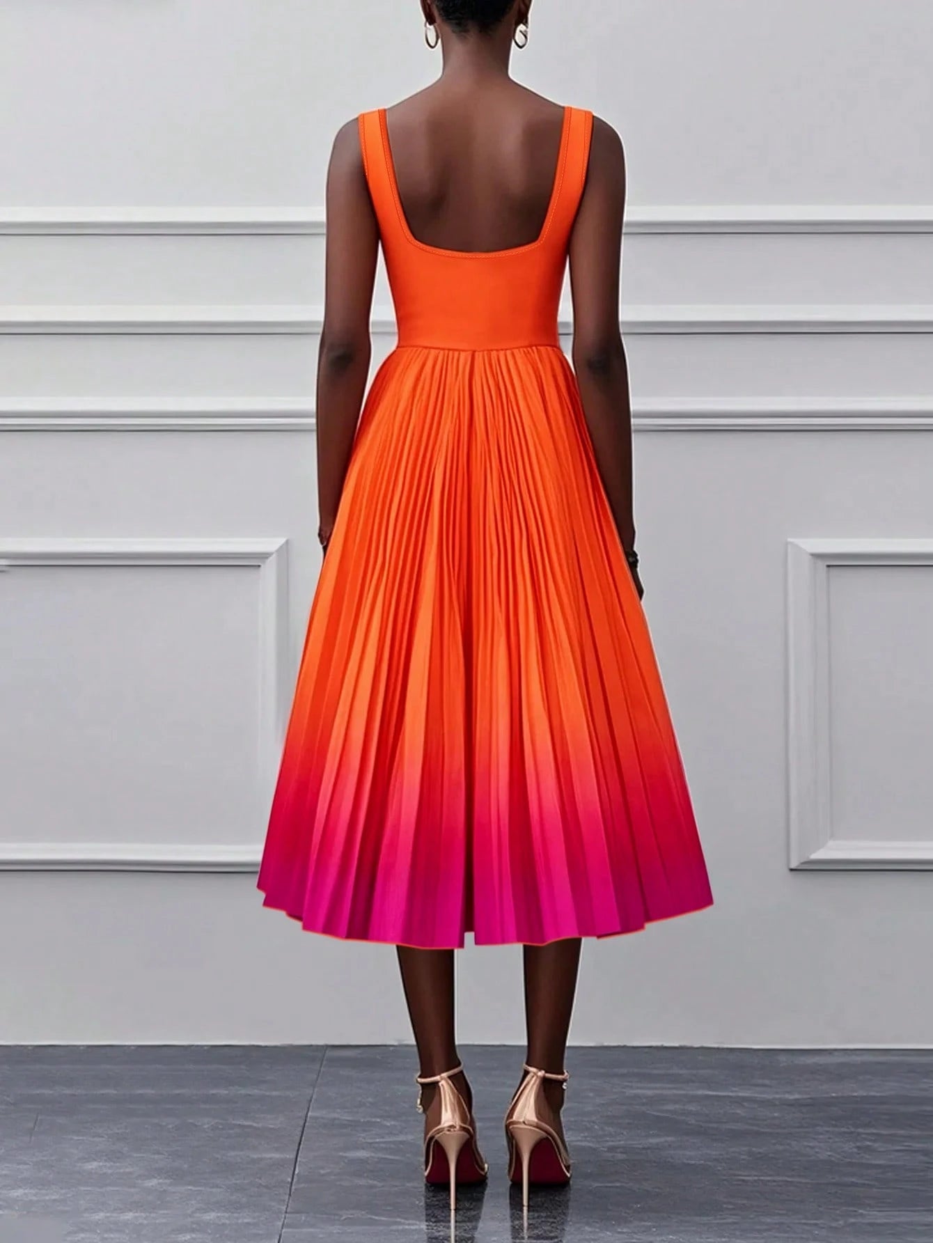 Solid Color Casual Elegant Sleeveless Zipper Ombre Pleated Dress, Evening Gown Summer, Quiet Luxury