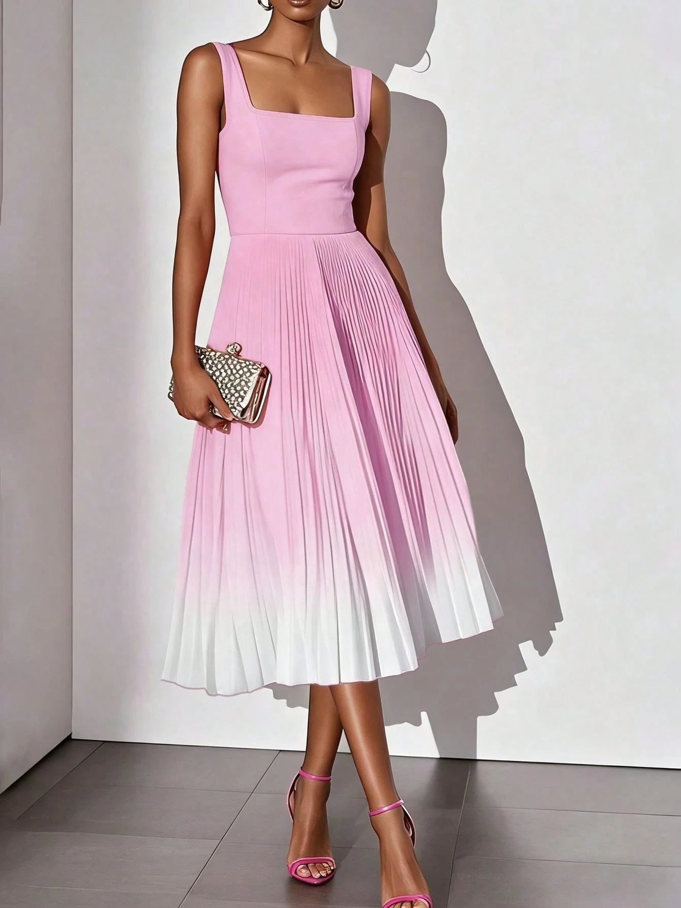 Solid Color Casual Elegant Sleeveless Zipper Ombre Pleated Dress, Evening Gown Summer, Quiet Luxury